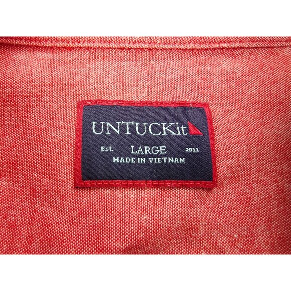 Untuckit Size Large Mens Red Cotton Long Sleeve Hem Logo Tag Pocket Shirt - Picture 4 of 10